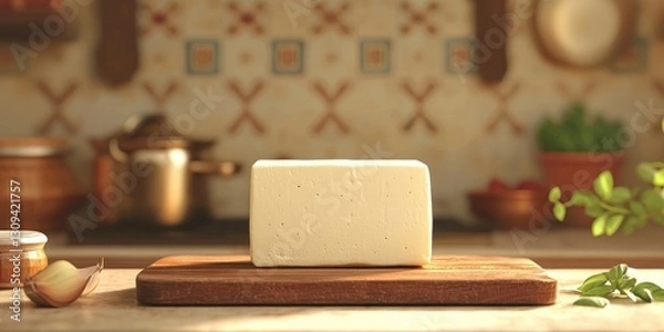 Obraz Realistic 3D Icon Cartoon of A Large Block of Paneer Cheese on a Wooden Board with a Traditional Indian Kitchen Background