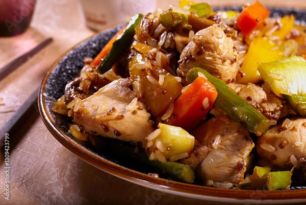 Obraz Asian styled chicken and vegetable stir fry on a plate.