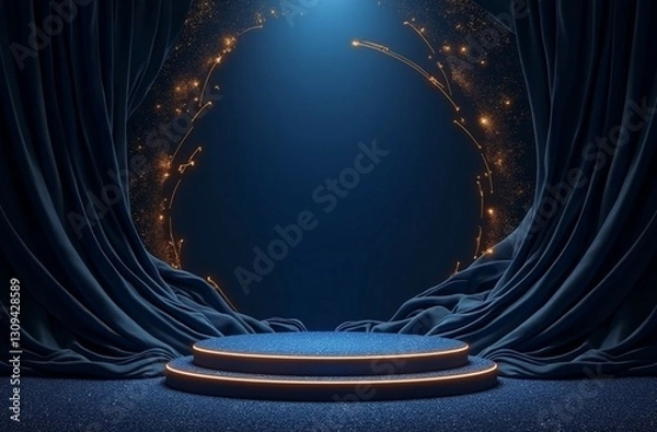 Fototapeta Dark stage background with blue curtains and spotlights