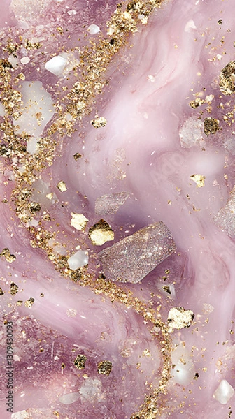Fototapeta Abstract pink and gold marbled texture with glittering elements and mineral inclusions