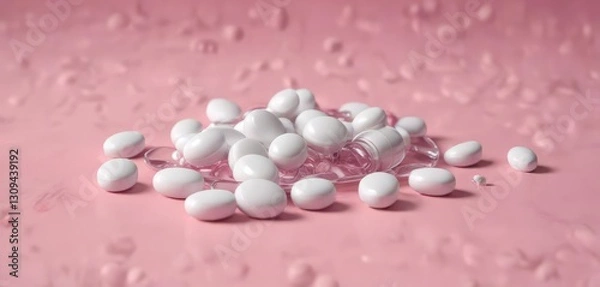 Fototapeta White pills in clear capsules on a pink colored surface, vitamins, health supplements