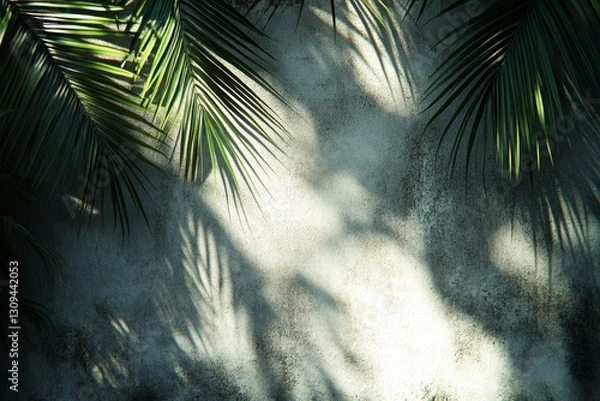 Fototapeta Shadows of palm leaves dance on a textured wall in soft afternoon light creating a serene atmosphere