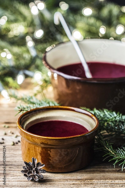 Obraz Traditional Christmas red beetroot borsch, top view