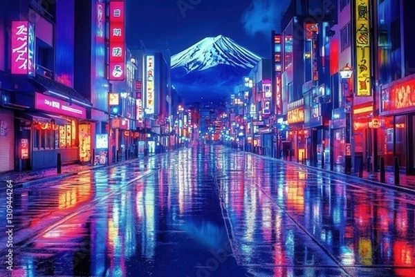 Fototapeta Cyberpunk Japan nightscape, neon lights reflecting on a wet street with Mount Fuji in the background