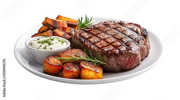 Fototapeta A plate of steak and potatoes with a sauce