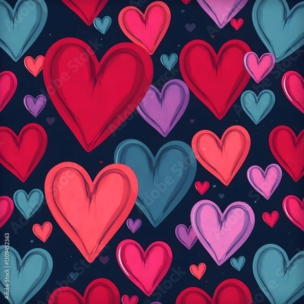 Fototapeta Digital matte painting with a pattern of colored hearts. Valentine Day theme. The picture is drawn in grunge style.