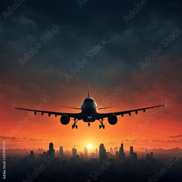 Fototapeta Digital matte painting with a silhouette of a plane flying in the glow of the sunset.