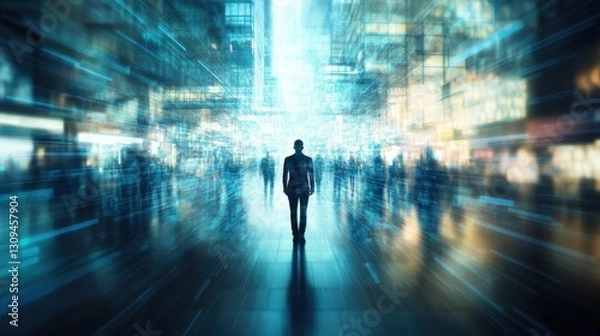 Fototapeta A solitary figure stands amidst a bustling cityscape, with blurred pedestrians and glowing buildings