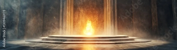 Fototapeta A mystical flame illuminates an ancient stone altar in a dark, shadowy environment.