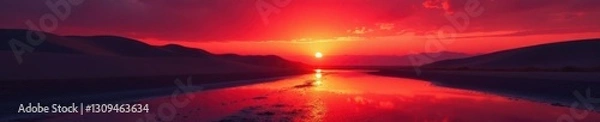 Fototapeta Crimson sky reflects on wet sand, dunes silhouetted against fiery glow, sea, glow, waves