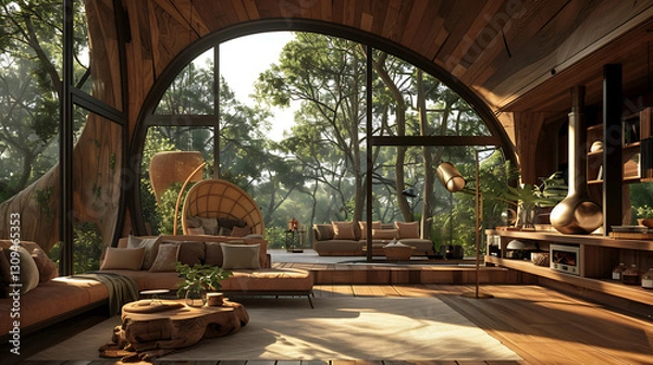 Fototapeta A luxury treehouse interior with a panoramic forest view and warm wooden decor