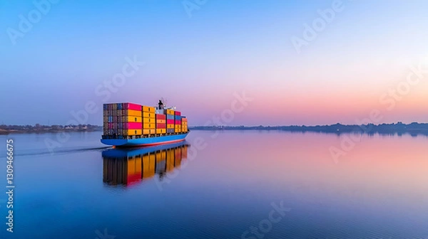 Fototapeta Cargo Ship Sailing Through Calm Waters Under A Colorful Sunset Sky