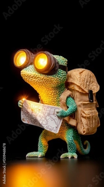 Fototapeta Pet uniform costume. A colorful, adventurous gecko figurine holding a map, wearing goggles, and carrying a backpack, ready for exploration.