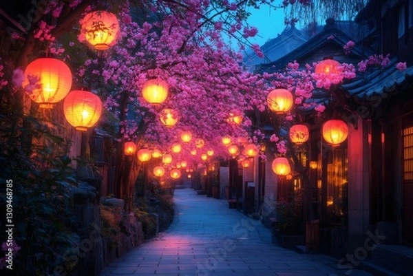 Fototapeta Pink cherry blossoms and glowing paper lanterns create a magical atmosphere in a traditional japanese alley at dusk