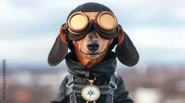 Fototapeta Pet uniform costume. A stylish dachshund in goggles and a leather jacket, posing with a compass against a scenic background, exuding adventure and charm.