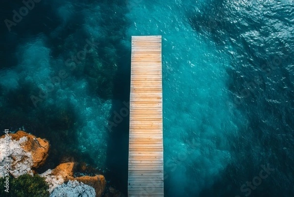 Fototapeta Aerial view of a wooden pier extending into the turquoise sea, creating a tranquil and inviting scene