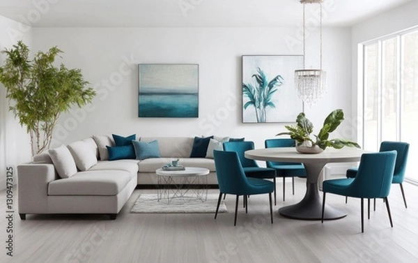 Fototapeta Modern, light, open-concept living and dining area with neutral tones, teal accents, and statement art.