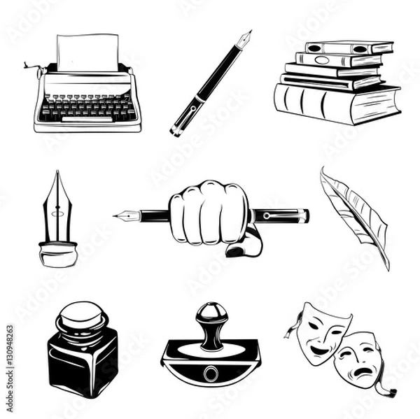 Obraz Writer design elements. isolated objects. vintage pen. ink, books