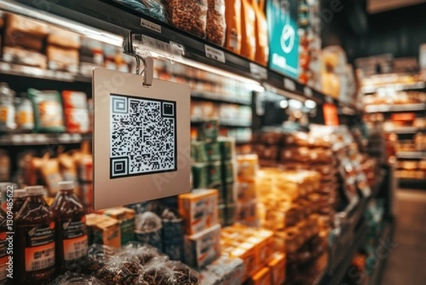 Fototapeta QR Code Signage Displayed in Grocery Store Aisle with Products Nearby