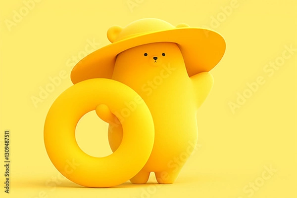Fototapeta 3D cute funny bear in hat with inflatable swimming ring isolated on yellow background