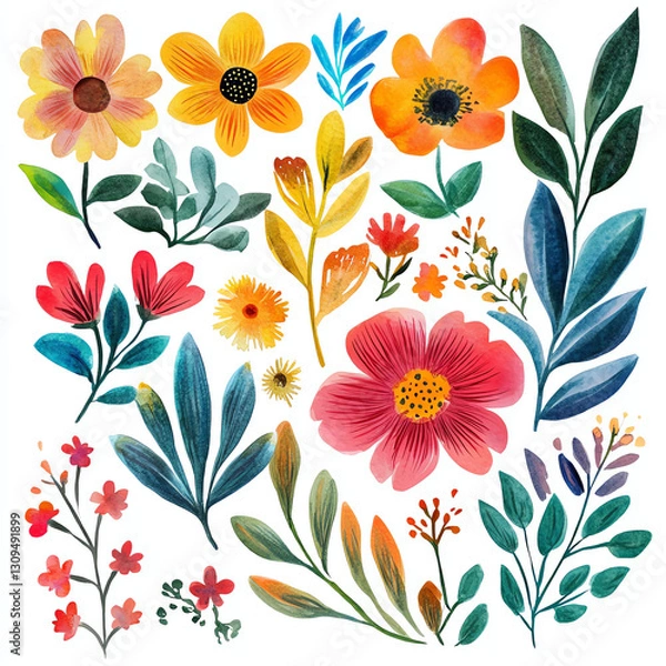 Fototapeta A vibrant collection of hand-painted flowers and leaves in various colors and shapes, showcasing the beauty of nature and creativity. Perfect for botanical and artistic projects.