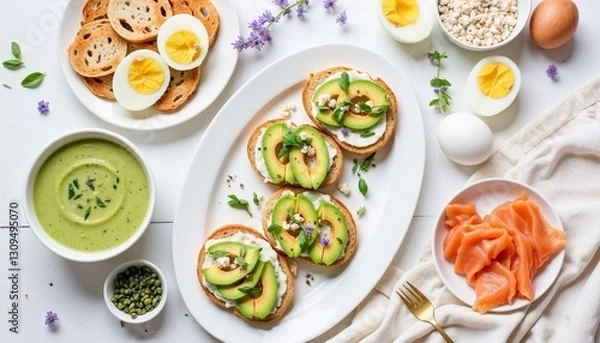 Obraz Healthy spring brunch featuring avocado toast, hard-boiled eggs, smoked salmon, green soup, and fresh herbs on a light, elegant table.
