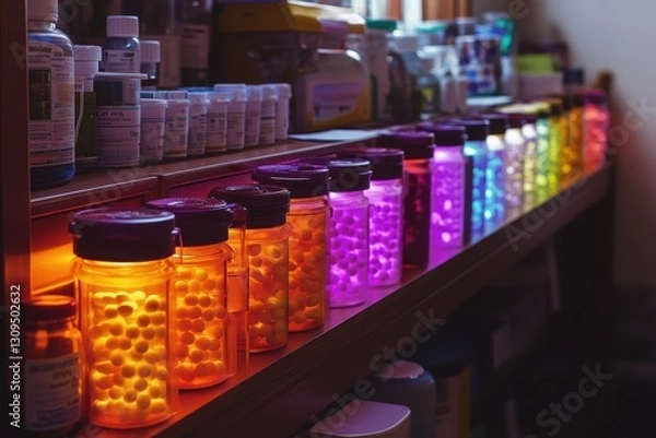 Fototapeta Colorful Medicine Jars with Light Display in Pharmacy Setting