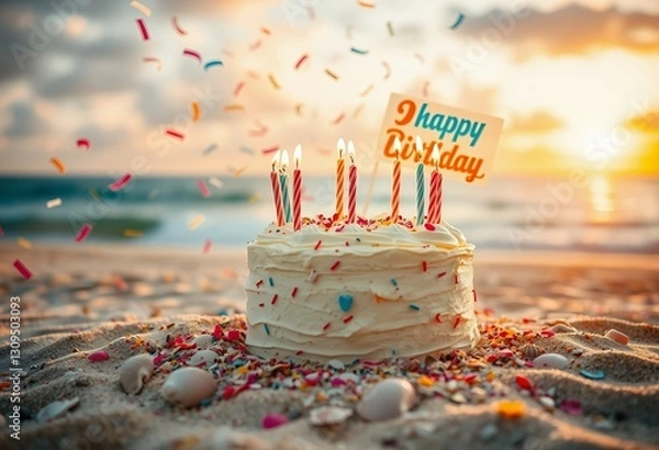Obraz Birthday Cake on Beach with Candles and Confetti at Sunset