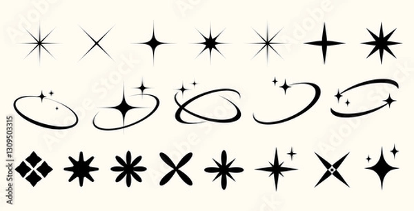 Obraz Y2k of star shapes starbursts, sparkles, and orbit elements set.Abstract minimal twinkles with cosmic orbits. Classic Retro Star Shapes and Twinkles.Minimal modern Retro futuristic icons. Vector