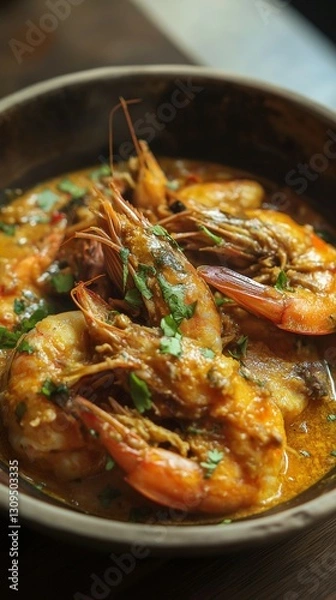 Fototapeta spicy shrimp curry with fresh cilantro garnish in a dark bowl on wooden table