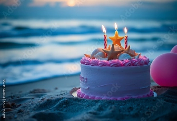 Obraz Birthday Cake with Candles and Starfish on Beach at Sunset