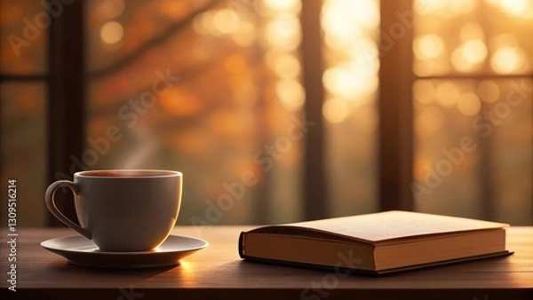 Fototapeta a cozy scene: a cup of hot coffee beside a book in front of a window with natural light