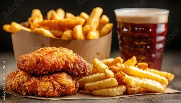 Fototapeta Indulge in the ultimate comfort food experience with our classic fried chicken combo meal, a symphony of juicy and crispy textures that define fast casual dining Savor the perfect blend of