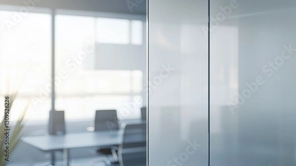 Obraz Modern office interior with frosted glass partition and natural light. Sleek conference room design with minimalist furniture and large windows. Professional workspace with blurred background 