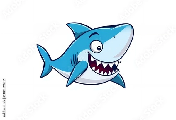 Obraz Cartoon Shark Smiling with Sharp Teeth and Blue Fins Illustration