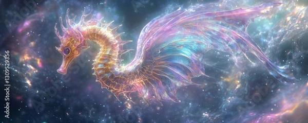 Fototapeta Aurora-winged seahorse floats majestically through a starry cosmic landscape in vibrant hues of blue and pink during a celestial event