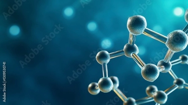 Fototapeta Abstract 3D rendering of a metallic molecule model against a blurred teal background. The molecule is detailed and the background bokeh effect adds depth.