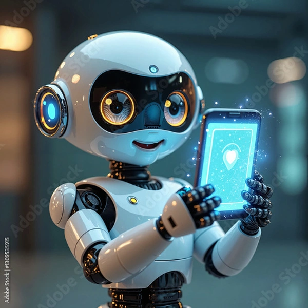 Obraz A friendly robot holding a holographic smartphone and taking a selfie