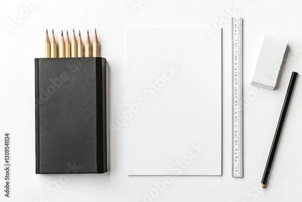 Fototapeta tidy desktop with closed notebook sharpened pencils aligned beside it ruler parallel to edges eraser sits near small