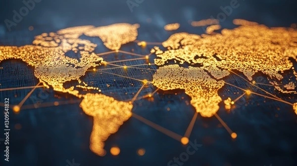 Fototapeta Economic Windfall concept. A glowing golden map of the world connected by lines, symbolizing global connectivity and digital networks.