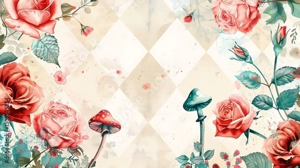 Obraz Whimsical Wonderland: Roses, Mushrooms, and a Checkered Dream