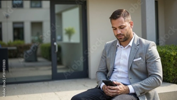 Obraz A man in a three-piece suit sits on the street and checks his phone.