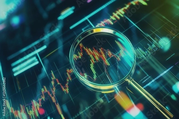 Fototapeta Dynamic charts in neon blue and red colors symbolize market movements, data analysis and trading strategies. Suitable for advertising materials of banks and investment companies. Technologies. Banner