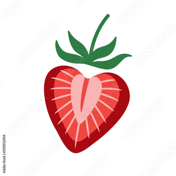 Fototapeta Half of a strawberry in a flat style. Bright heart shaped strawberry isolated on white background. Can be used as a vector icon, sticker, greeting card etc.