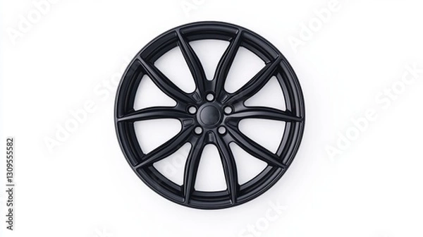 Fototapeta Black alloy wheel with an intricate design, isolated on a white background, showcasing its sleek and modern aesthetic.