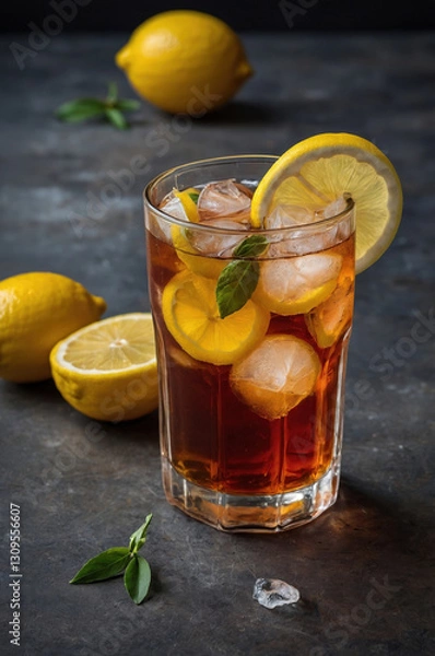 Fototapeta Refreshing iced tea with lemon slices and mint leaves