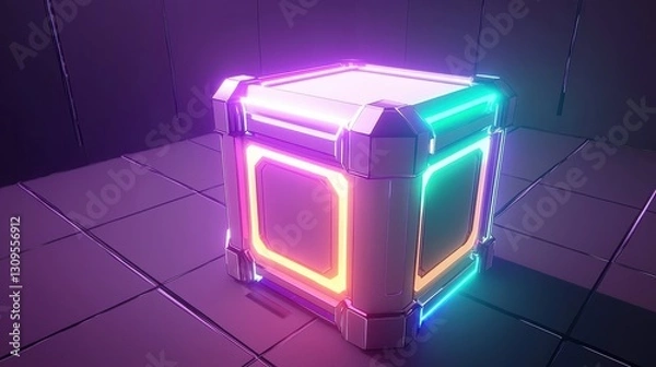 Fototapeta Dynamic neon-illuminated cube display virtual reality environment 3d graphic art futuristic setting close-up view