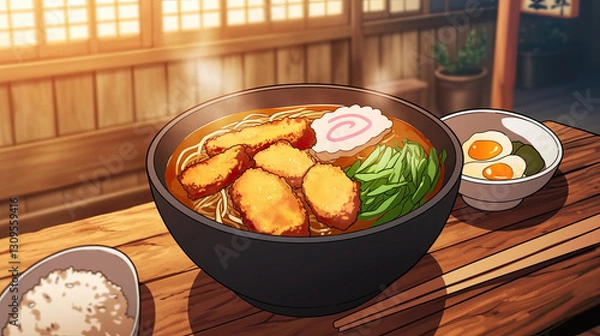 Fototapeta Bowl of warm anime style oden with skewered fish cakes served on a rustic wooden table for a cozy dining experience