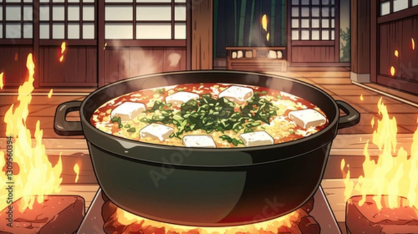 Fototapeta Pot of steaming miso soup with tofu and seaweed on a stove with flames in a kitchen setting