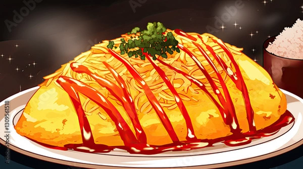 Fototapeta Plate of luxurious anime omurice with golden fluffy eggs served with sauce and a cup of coffee on a wooden table